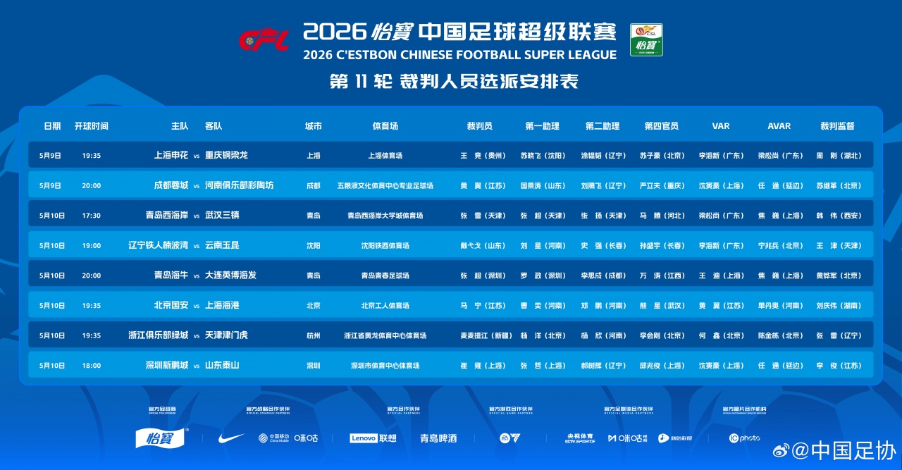 AIYOUXI-官方：马宁主哨明晚国安vs海港，麦麦提江执法浙江vs津门虎